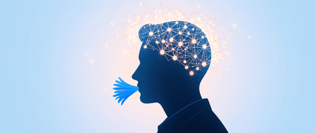 a person with a glowing, complex network of thoughts in their head, but their mouth is sealed, symbolizing the inability to express ideas, minimalist, abstract