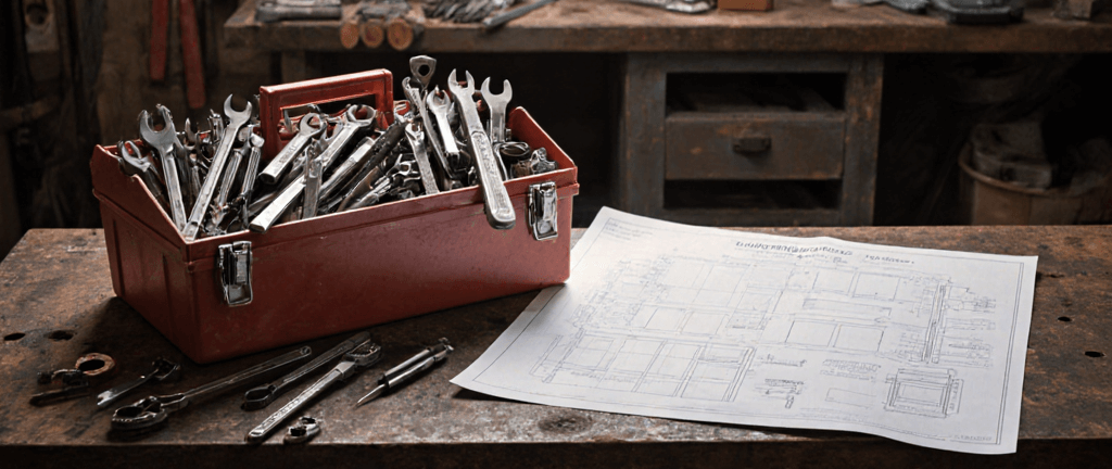 a detailed, overflowing toolbox next to a blank, empty blueprint on a workbench, symbolizing the disconnect between language skills and the lack of ideas, realistic style