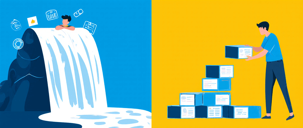 a split-screen image: on one side, a person passively watching information flow over them like a waterfall; on the other side, a person actively building a structure with blocks of information, symbolizing the difference between passive reception and active construction