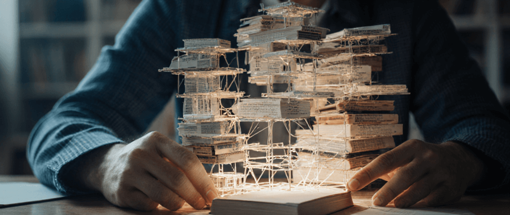 a person acting as an architect, using books and articles as building materials to construct a complex, glowing lattice of knowledge, conceptual art